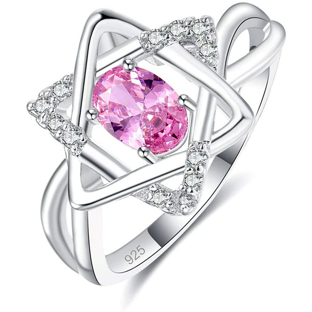 New Womens 925 Sterling Silver Filled Statement Rings Square Pink Cubic Zirconia